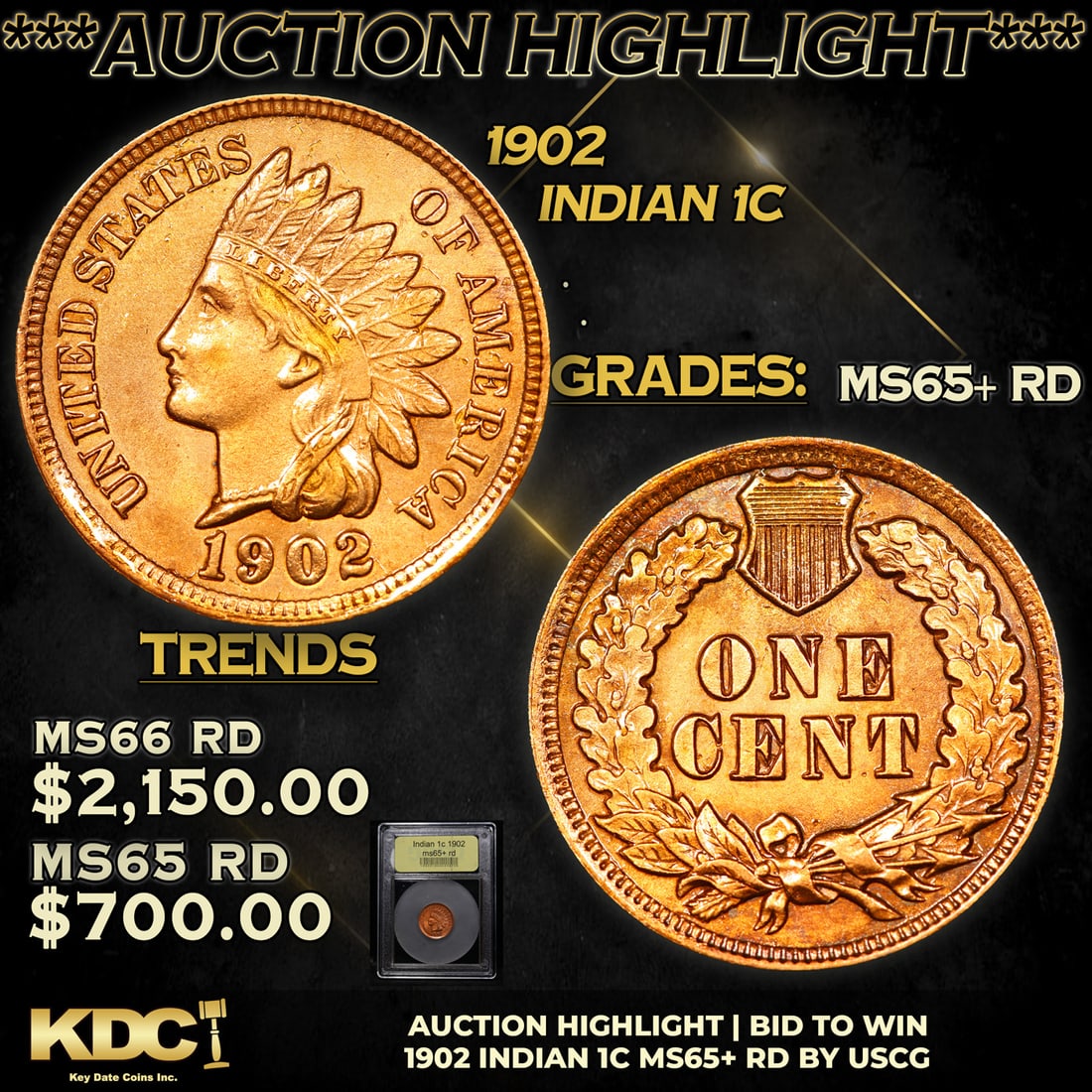 ***Auction Highlight*** 1902 Indian Cent 1c Graded Gem+ Unc RD By USCG (fc) (1 of 5)