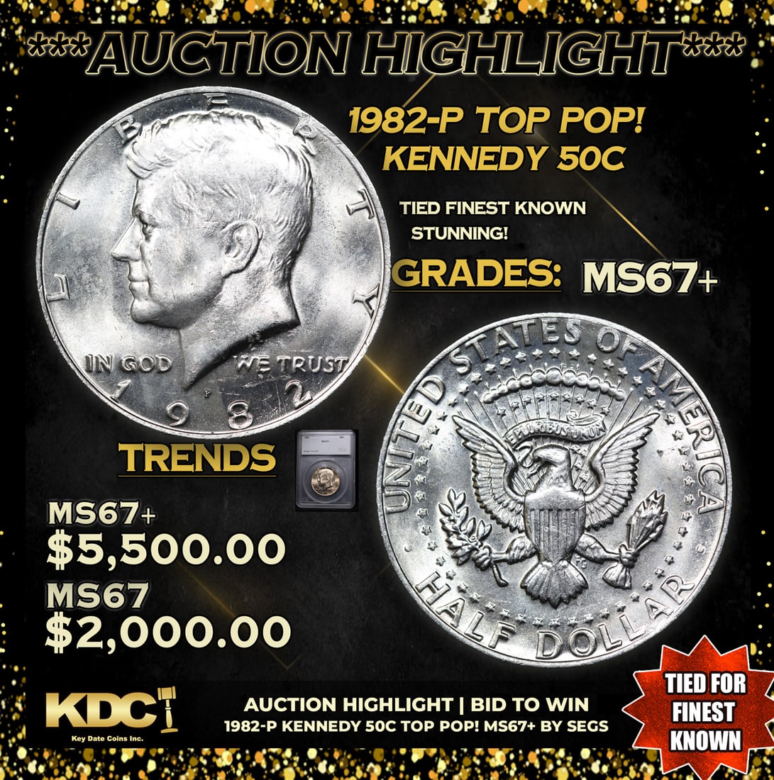 ***Auction Highlight*** 1982-p Kennedy Half Dollar TOP POP! 50c Graded ms67+ BY SEGS (fc) (1 of 5)