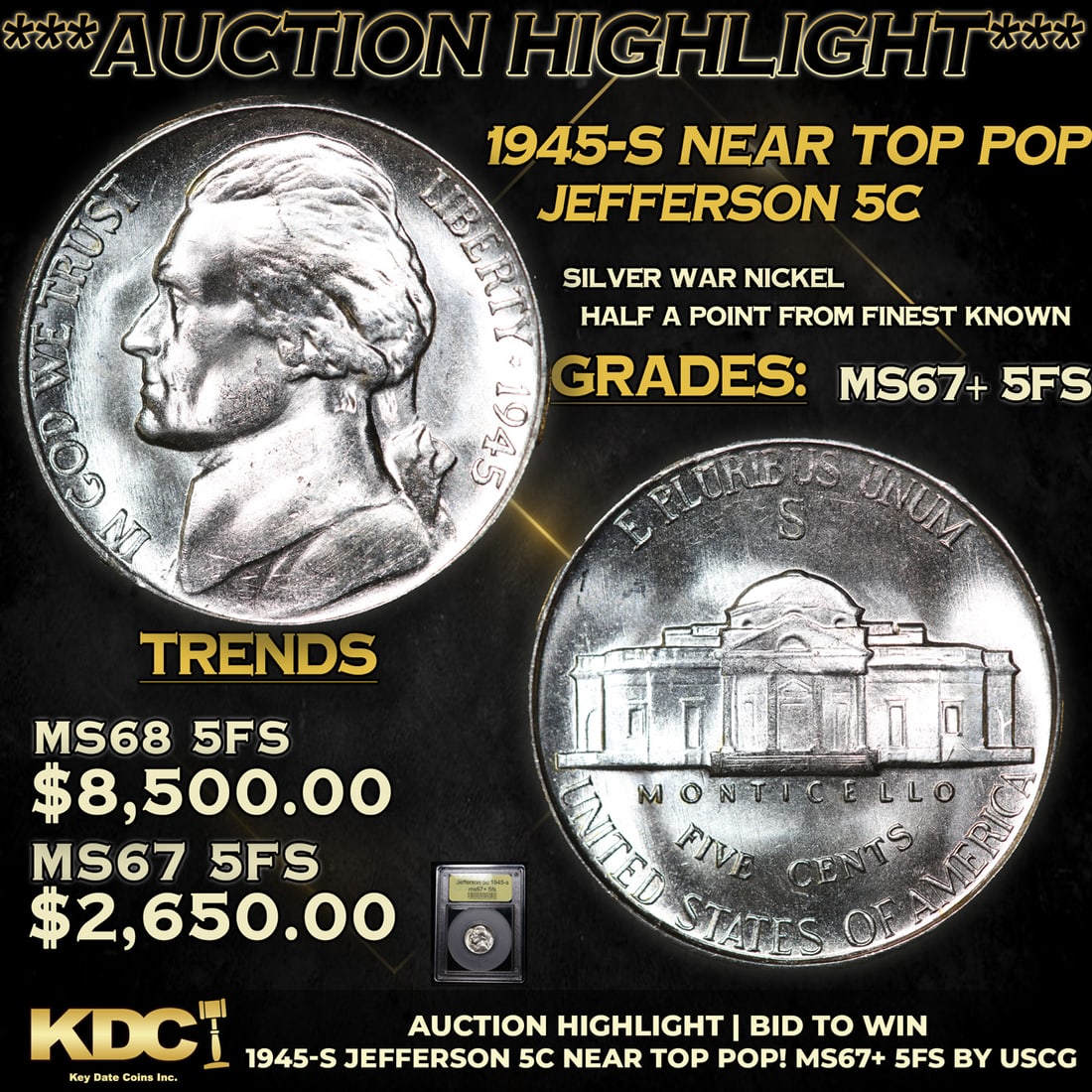 ***Auction Highlight*** 1945-s Jefferson Nickel Near TOP POP! 5c Graded GEM++ 5fs BY USCG (fc) (1 of 5)