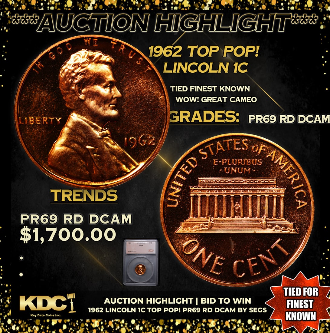 Proof ***Auction Highlight*** 1962 Lincoln Cent TOP POP! 1c Graded pr69 rd DCAM BY SEGS (fc) (1 of 5)