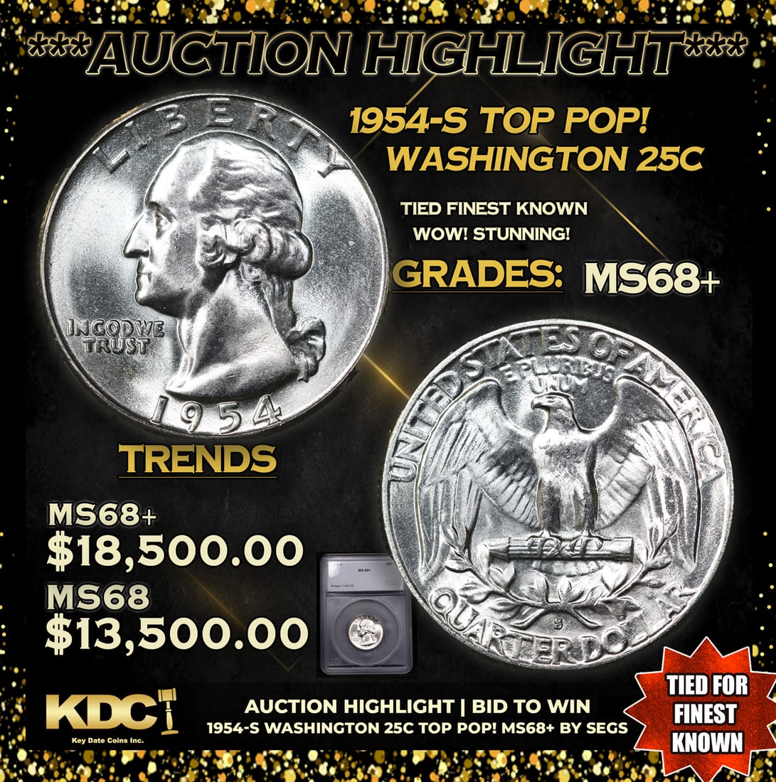 ***Auction Highlight*** 1954-s Washington Quarter TOP POP! 25c Graded ms68+ BY SEGS (fc) (1 of 5)