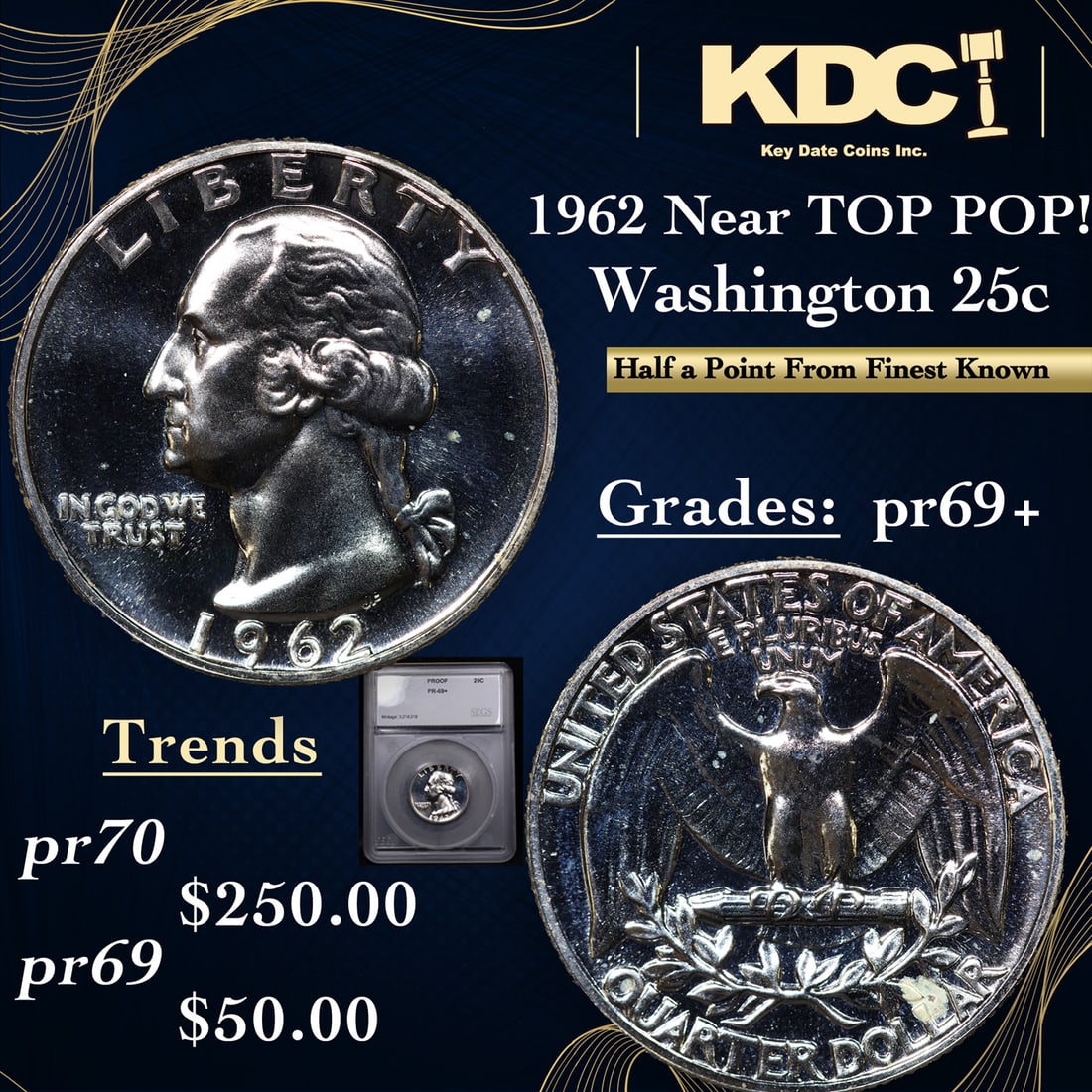 Proof 1962 Washington Quarter Near TOP POP! 25c Graded pr69+ BY SEGS (1 of 5)