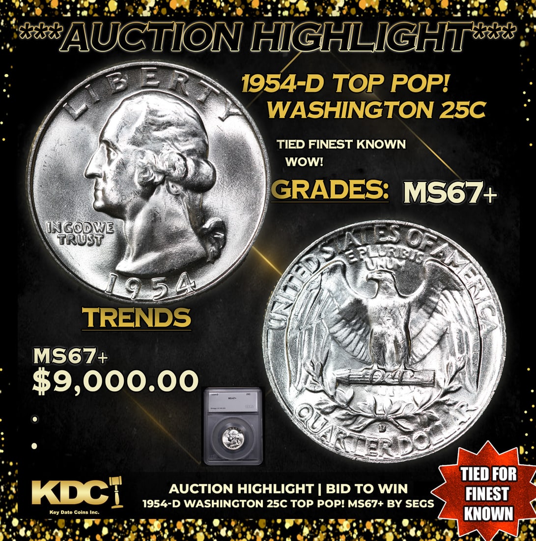 ***Auction Highlight*** 1954-d Washington Quarter TOP POP! 25c Graded ms67+ BY SEGS (fc) (1 of 5)