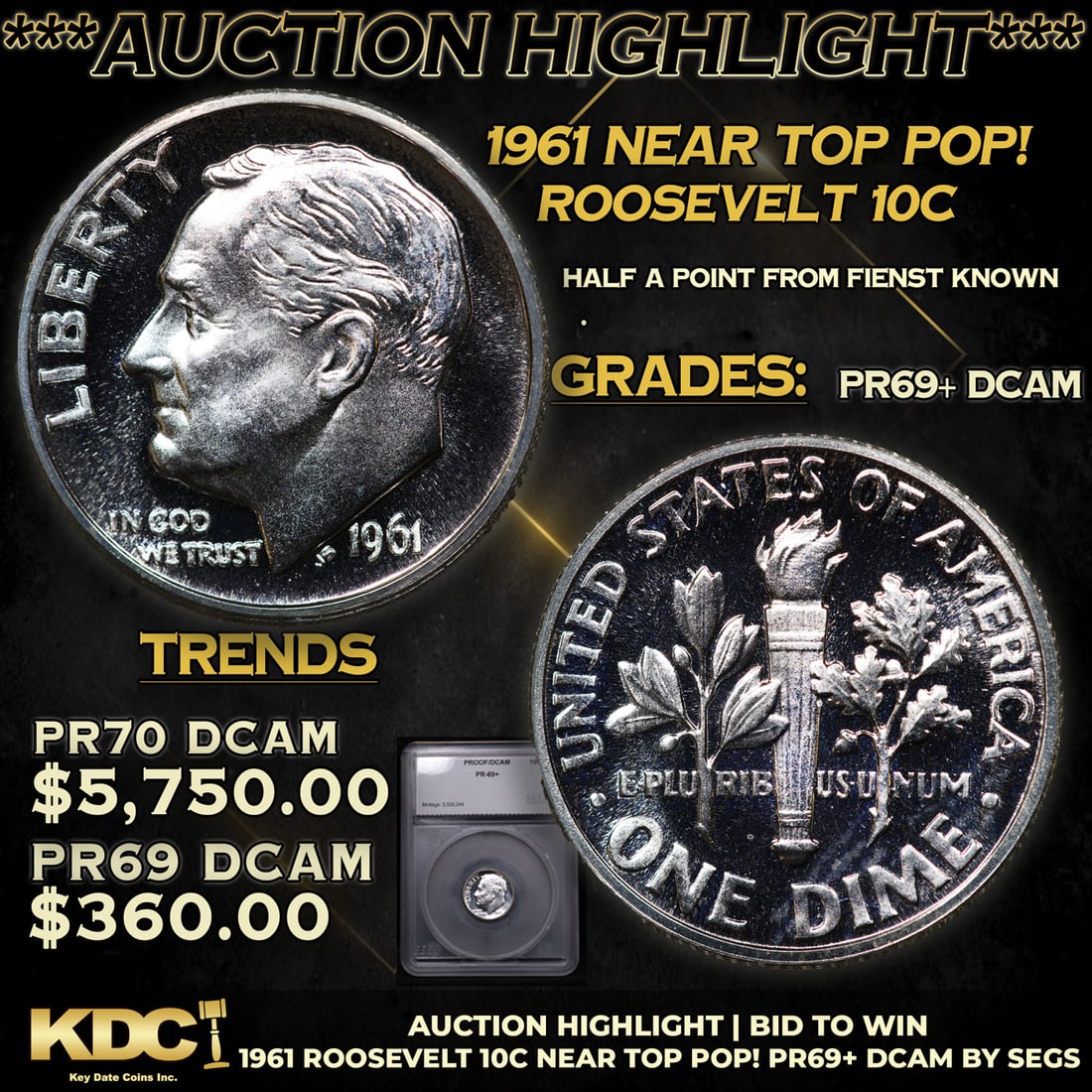 Proof ***Auction Highlight*** 1961 Roosevelt Dime Near TOP POP! 10c Graded pr69+ DCAM BY SEGS (fc) (1 of 5)