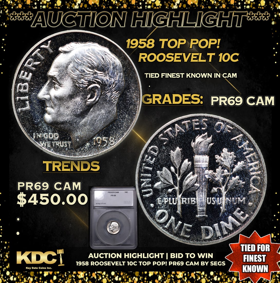 Proof ***Auction Highlight*** 1958 Roosevelt Dime TOP POP! 10c Graded pr69 cam BY SEGS (fc) (1 of 5)