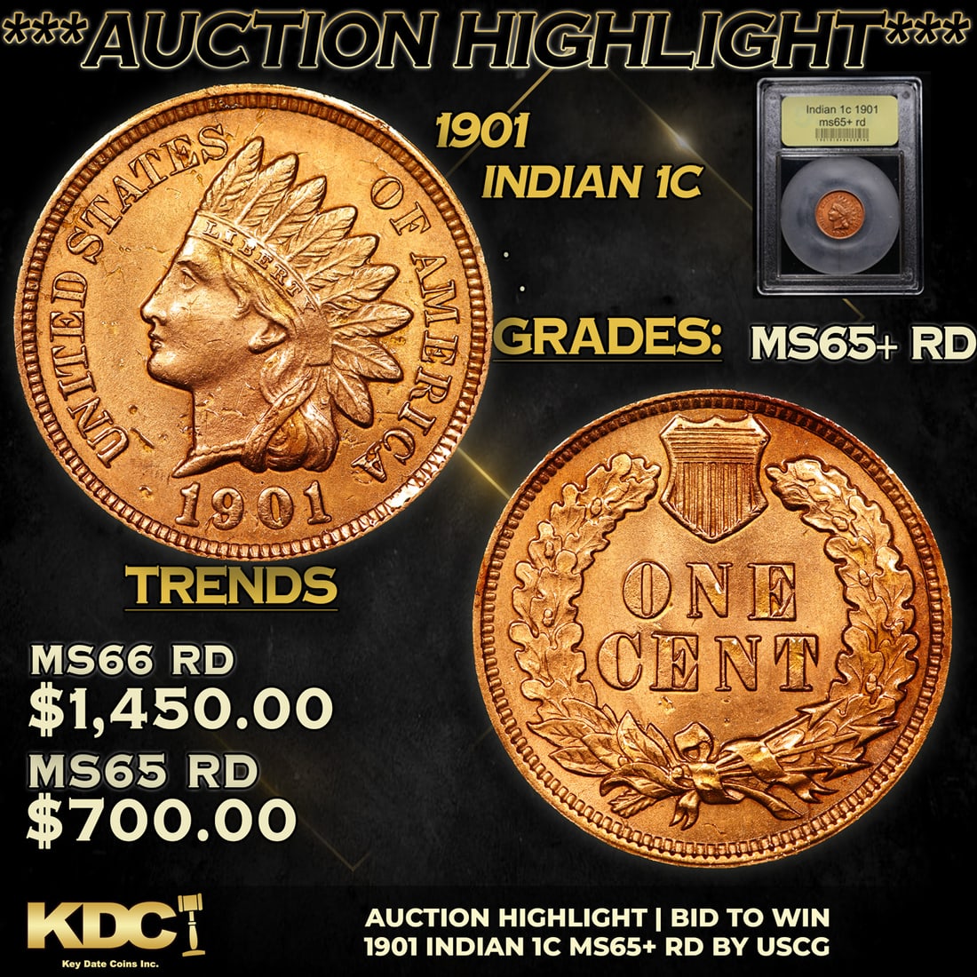 ***Auction Highlight*** 1901 Indian Cent 1c Graded Gem+ Unc RD By USCG (fc) (1 of 5)