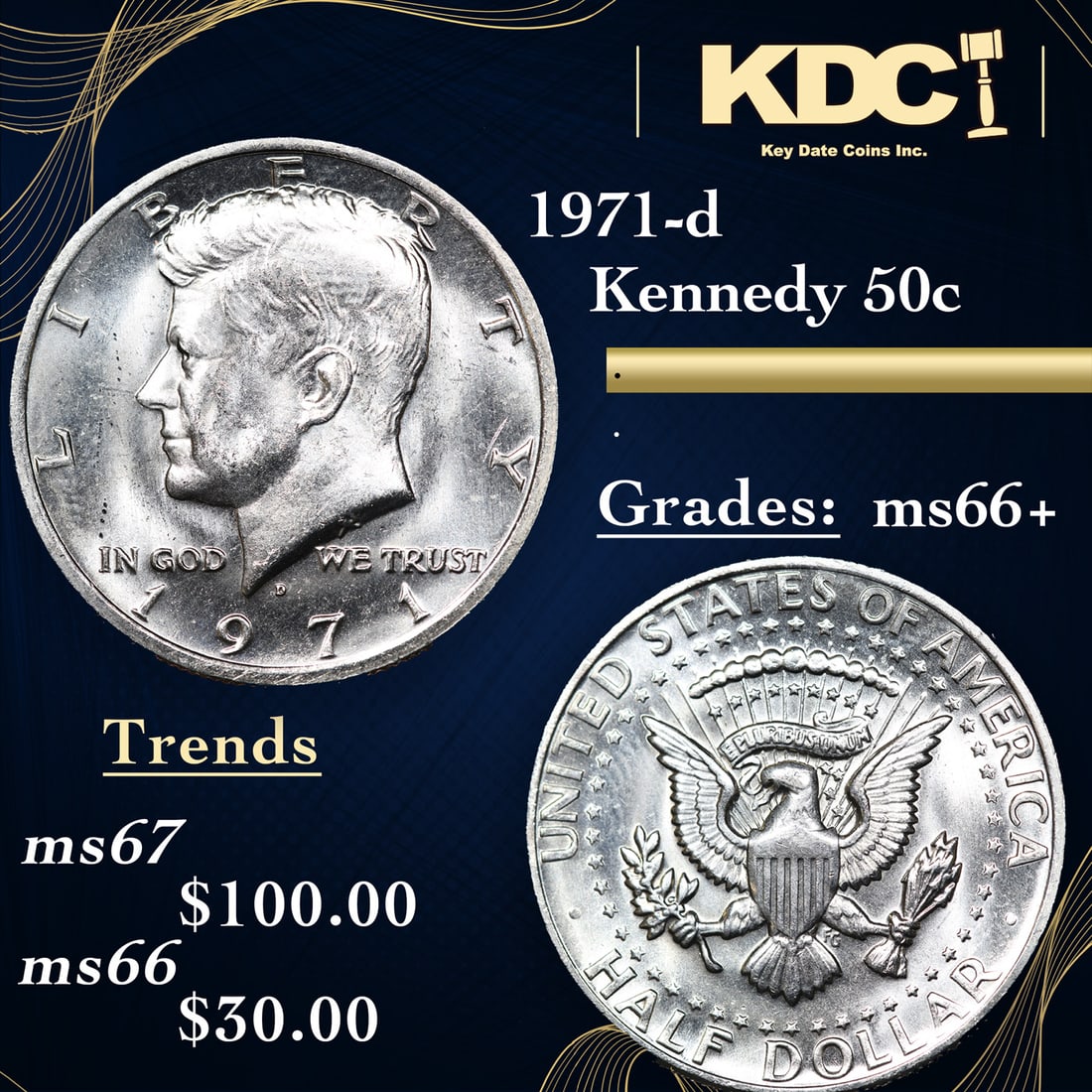 1971-d Kennedy Half Dollar 50c Grades GEM++ Unc (1 of 3)