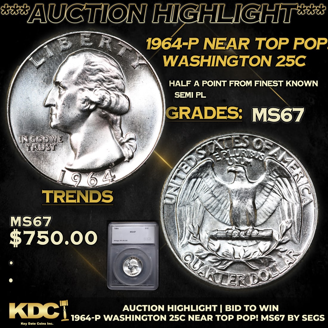 ***Auction Highlight*** 1964-p Washington Quarter Near TOP POP! 25c Graded ms67 BY SEGS (fc) (1 of 5)