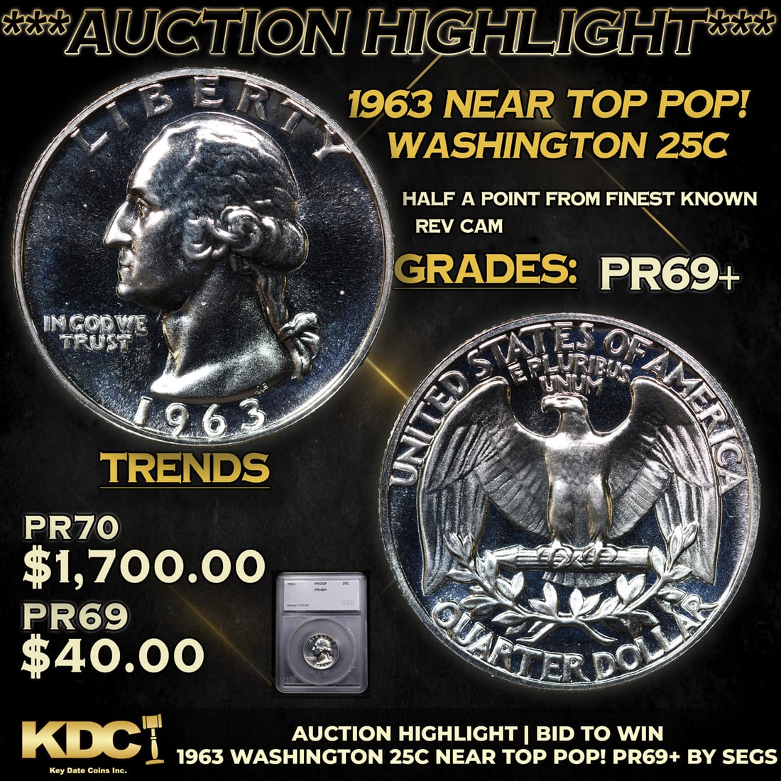 Proof ***Auction Highlight*** 1963 Washington Quarter Near TOP POP! 25c Graded pr69+ BY SEGS (fc) (1 of 5)