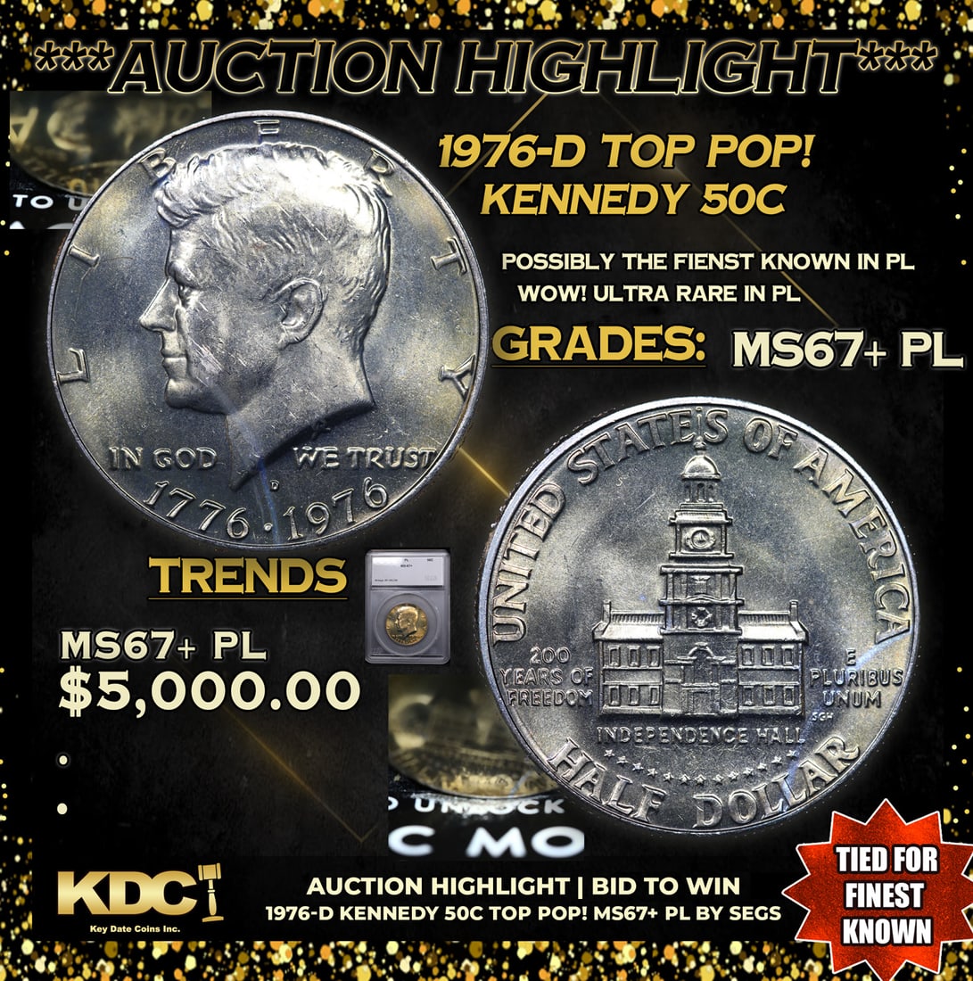 ***Auction Highlight*** 1976-d Kennedy Half Dollar TOP POP! 50c Graded ms67+ PL BY SEGS (fc): ***Auction Highlight*** 1976-d TOP POP! Kennedy Half Dollar 50c Graded ms67+ PL BY SEGS.