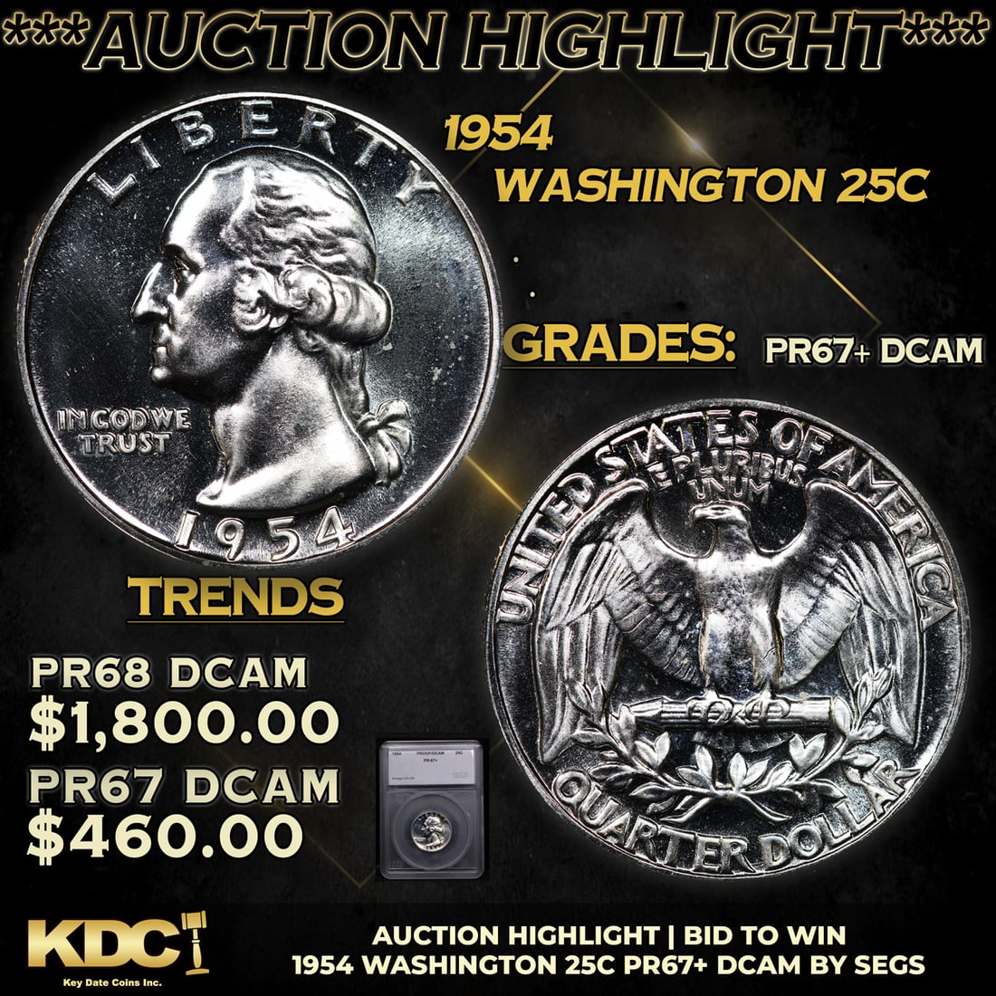 Proof ***Auction Highlight*** 1954 Washington Quarter 25c Graded pr67+ DCAM BY SEGS (fc) (1 of 5)