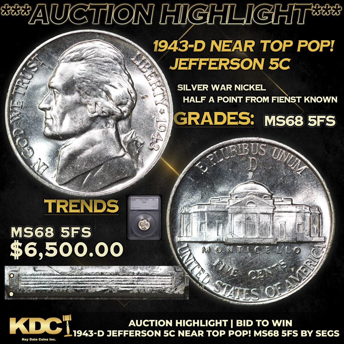***Auction Highlight*** 1943-d Jefferson Nickel Near TOP POP! 5c Graded ms68 5fs BY SEGS (fc) (1 of 6)