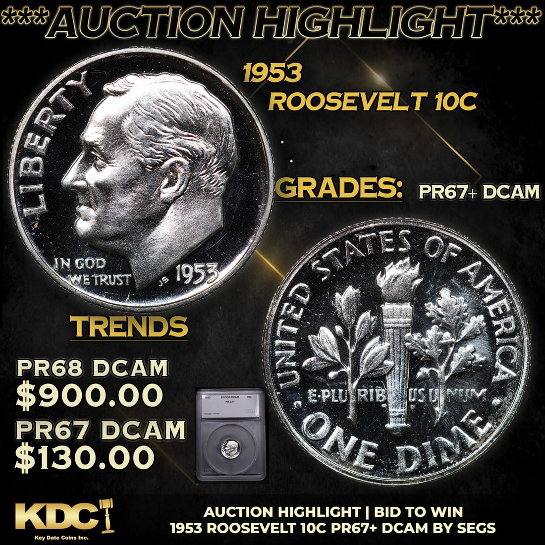 Proof ***Auction Highlight*** 1953 Roosevelt Dime 10c Graded pr67+ DCAM BY SEGS (fc) (1 of 5)