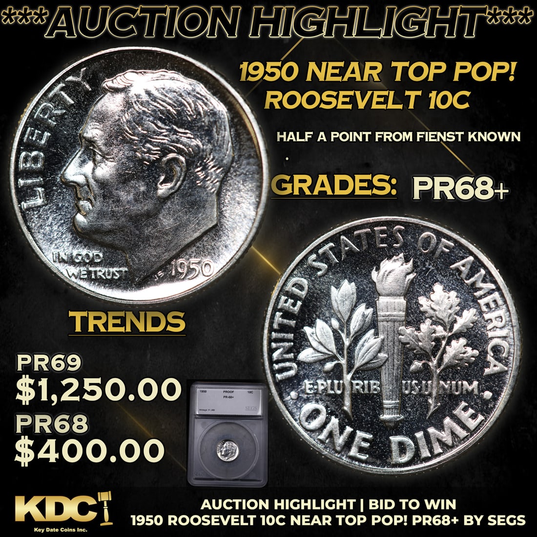 Proof ***Auction Highlight*** 1950 Roosevelt Dime Near TOP POP! 10c Graded pr68+ BY SEGS (fc) (1 of 5)