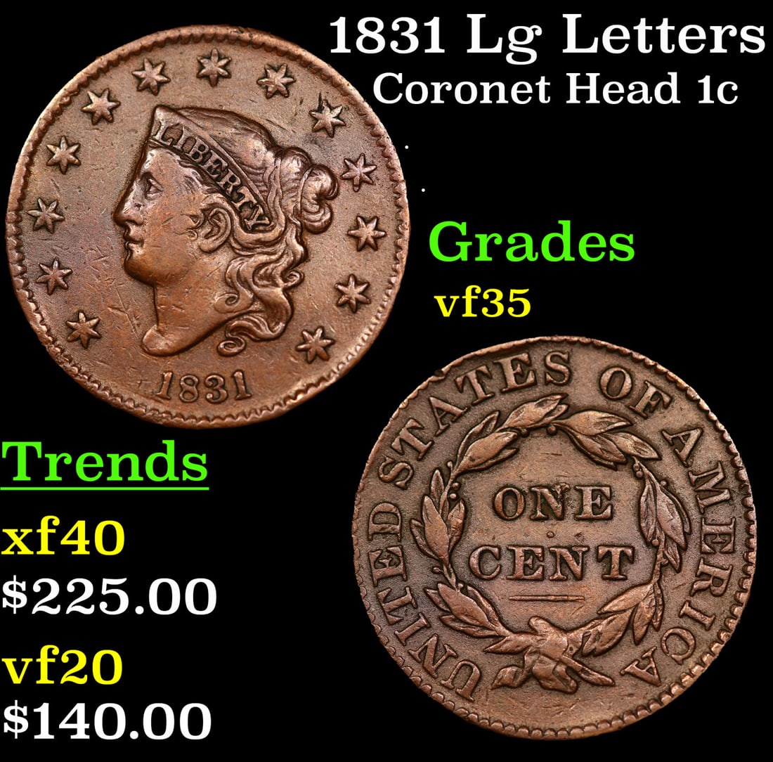 1831 Lg Letters Coronet Head Large Cent 1c Grades vf++ (1 of 3)