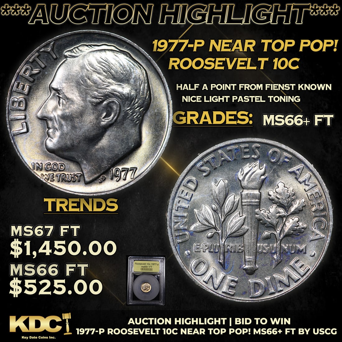 ***Auction Highlight*** 1977-p Roosevelt Dime Near TOP POP! 10c Graded GEM++ FT By USCG (fc) (1 of 5)