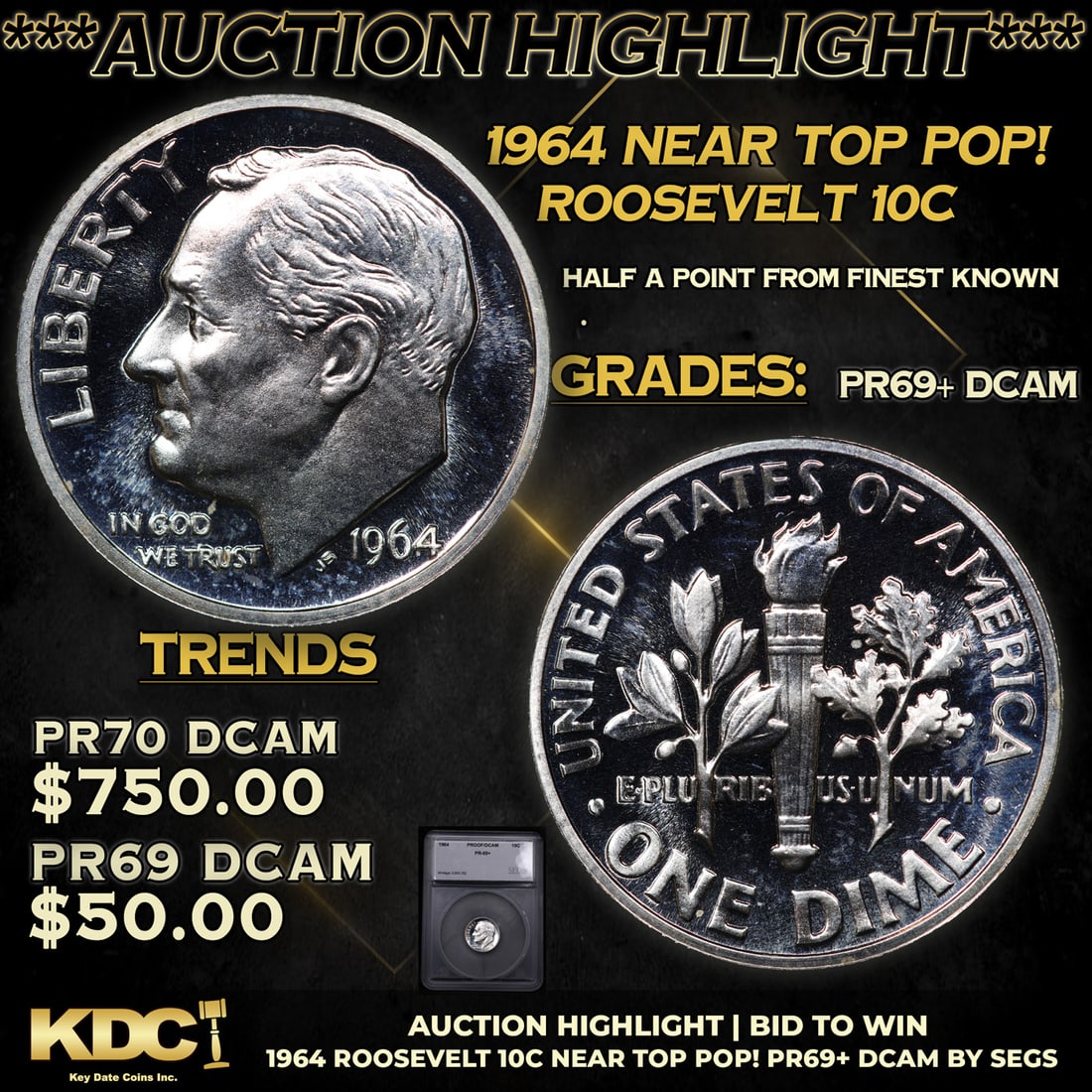 Proof ***Auction Highlight*** 1964 Roosevelt Dime Near TOP POP! 10c Graded pr69+ DCAM BY SEGS (fc) (1 of 5)