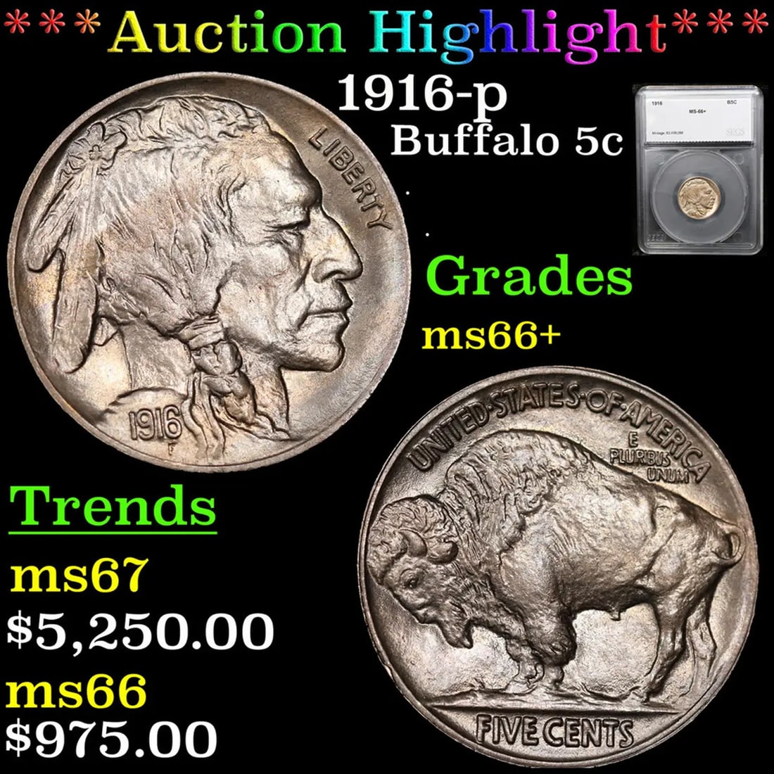 ***Auction Highlight*** 1916-p Buffalo Nickel 5c Graded ms66+ By SEGS (fc) (1 of 5)