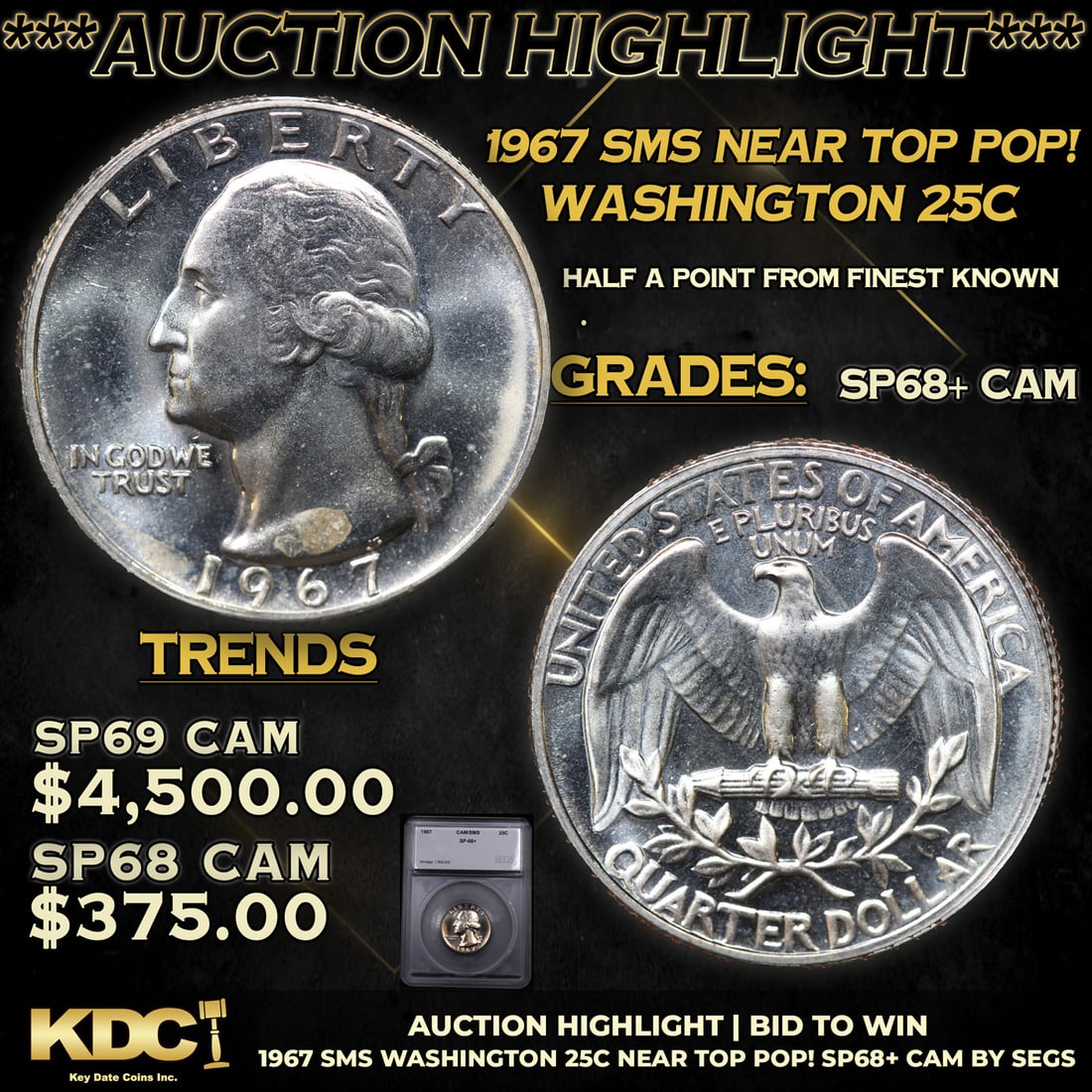 ***Auction Highlight*** 1967 SMS Washington Quarter Near TOP POP! 25c Graded sp68+ cam BY SEGS (fc) (1 of 5)