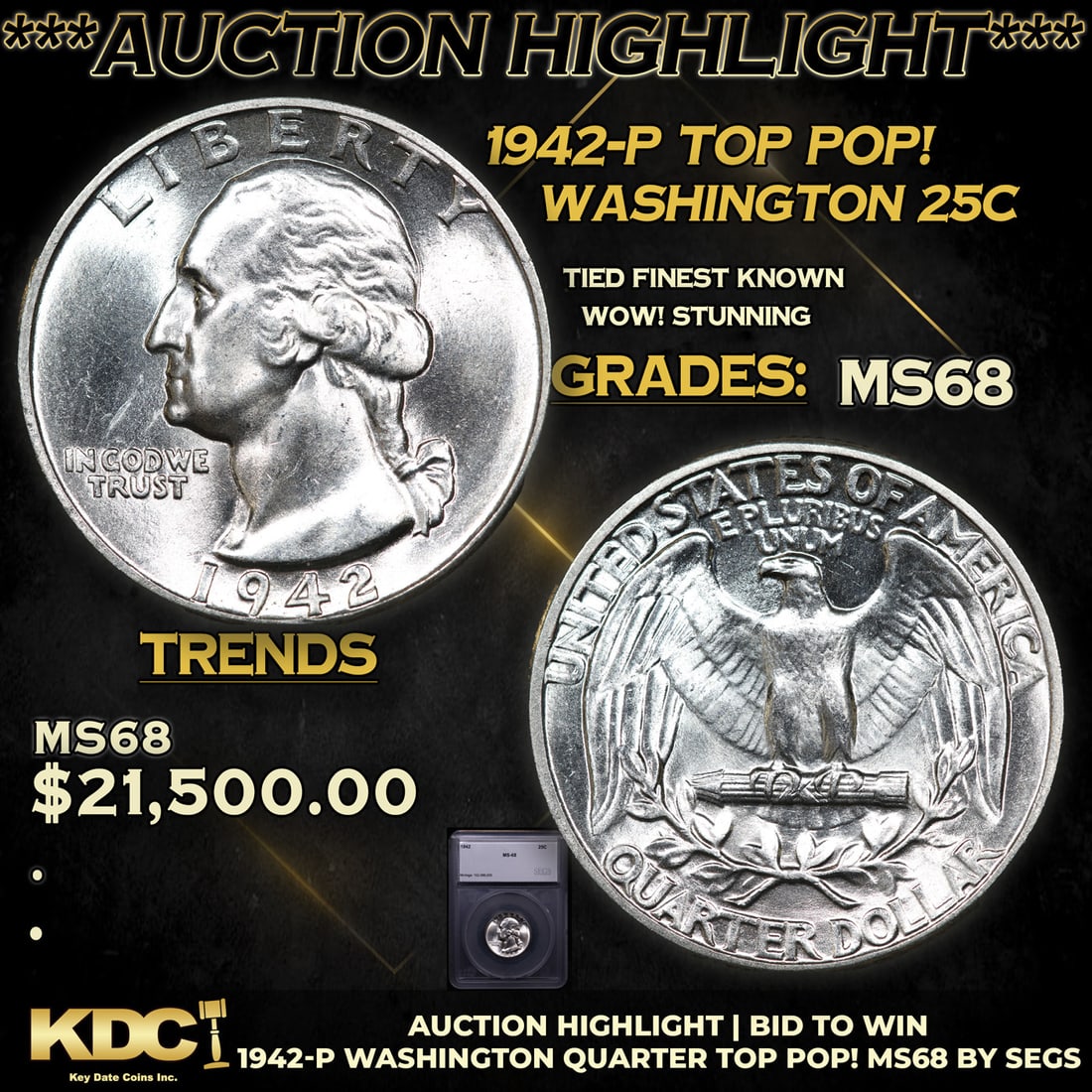 ***Auction Highlight*** 1942-p Washington Quarter TOP POP! 25c Graded ms68 BY SEGS (fc) (1 of 5)