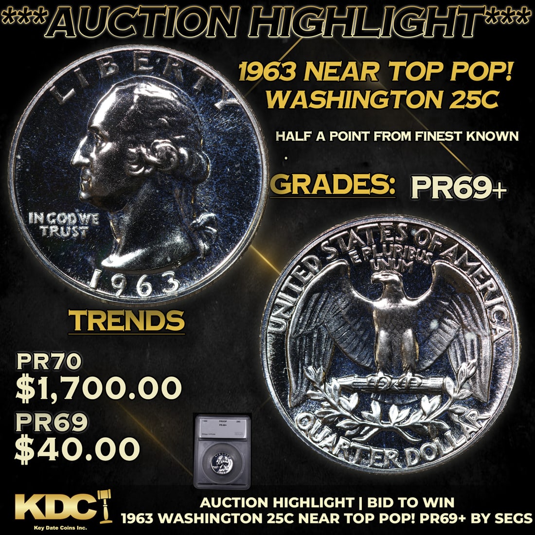 Proof ***Auction Highlight*** 1963 Washington Quarter Near TOP POP! 25c Graded pr69+ BY SEGS (fc) (1 of 5)
