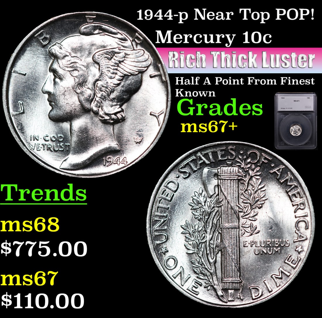 1944-p Mercury Dime Near Top POP! 10c Graded ms67+ BY SEGS (1 of 5)