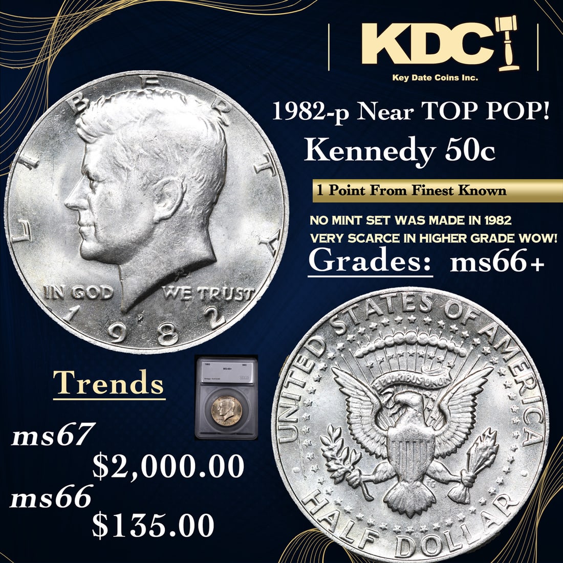 1982-p Kennedy Half Dollar Near TOP POP! 50c Graded ms66+ BY SEGS (1 of 5)
