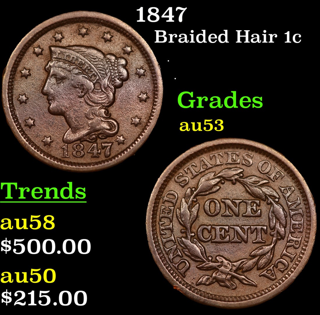 1847 Braided Hair Large Cent 1c Grades Select AU (1 of 3)