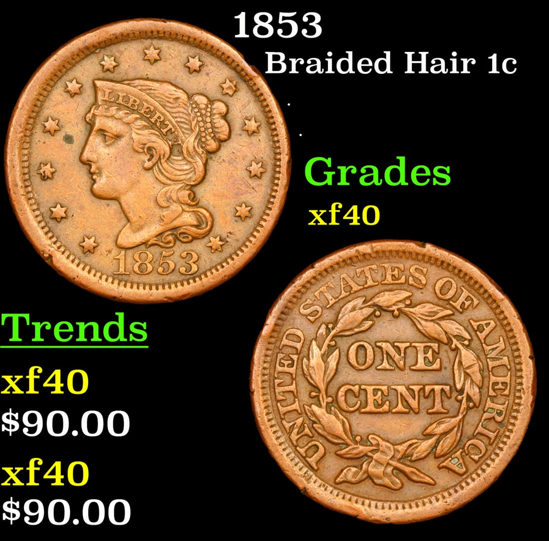 1853 Braided Hair Large Cent 1c Grades xf (1 of 3)