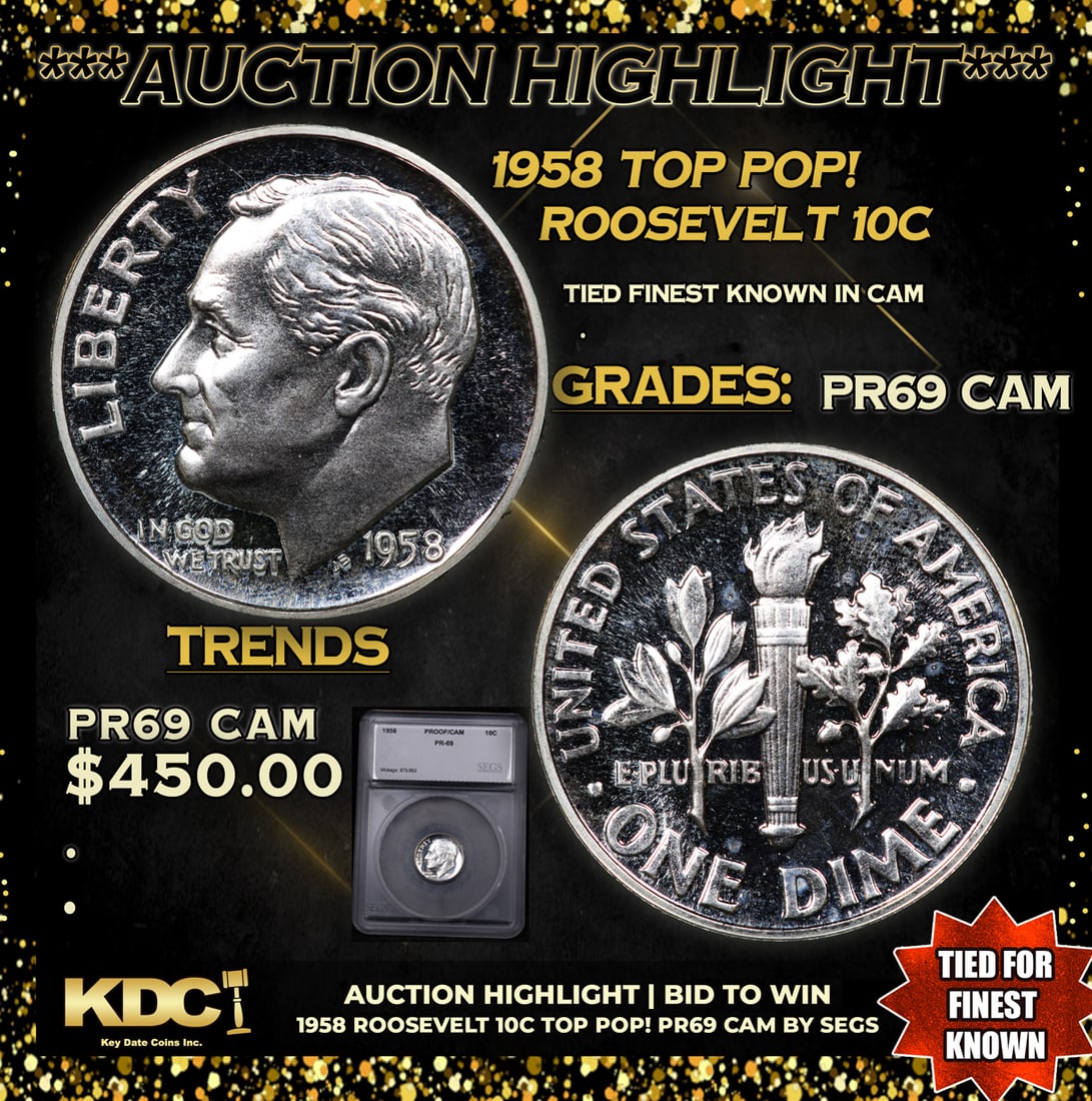 Proof ***Auction Highlight*** 1958 Roosevelt Dime TOP POP! 10c Graded pr69 cam BY SEGS (fc) (1 of 5)