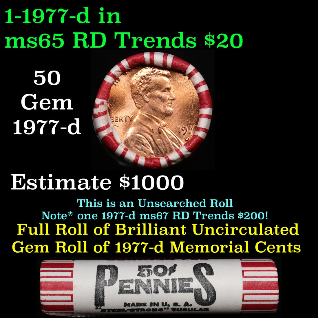 Shotgun Lincoln 1c roll, 1977-d 50 pcs Steel Strong Wrapper. (1 of 2)