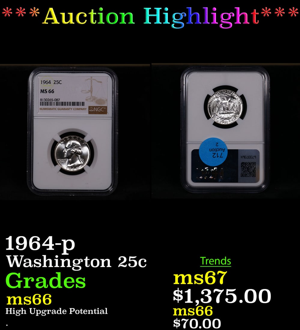 ***Auction Highlight*** NGC 1964-p Washington Quarter 25c Graded ms66 By NGC (fc) (1 of 3)