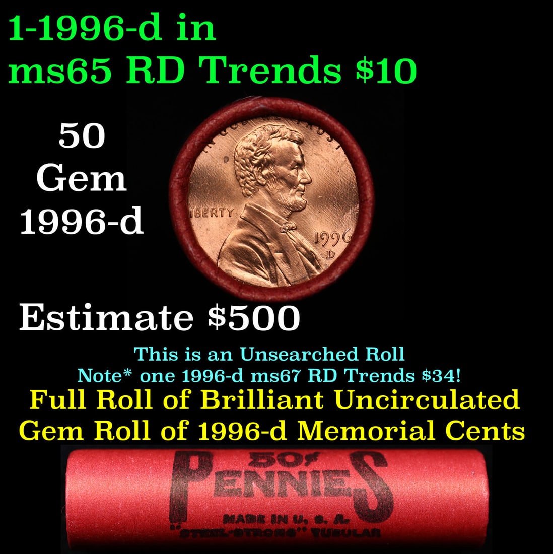 BU Shotgun Lincoln 1c roll, 1996-d 50 pcs Steel-Strong Wrapper 50c: BU Shotgun Lincoln 1c roll, 1996-d 50 pcs Steel-Strong Wrapper 50c. A terrific Shotgun roll of Lincoln cents in a steel strong wrapper. Most if not all coins should be cherry red.