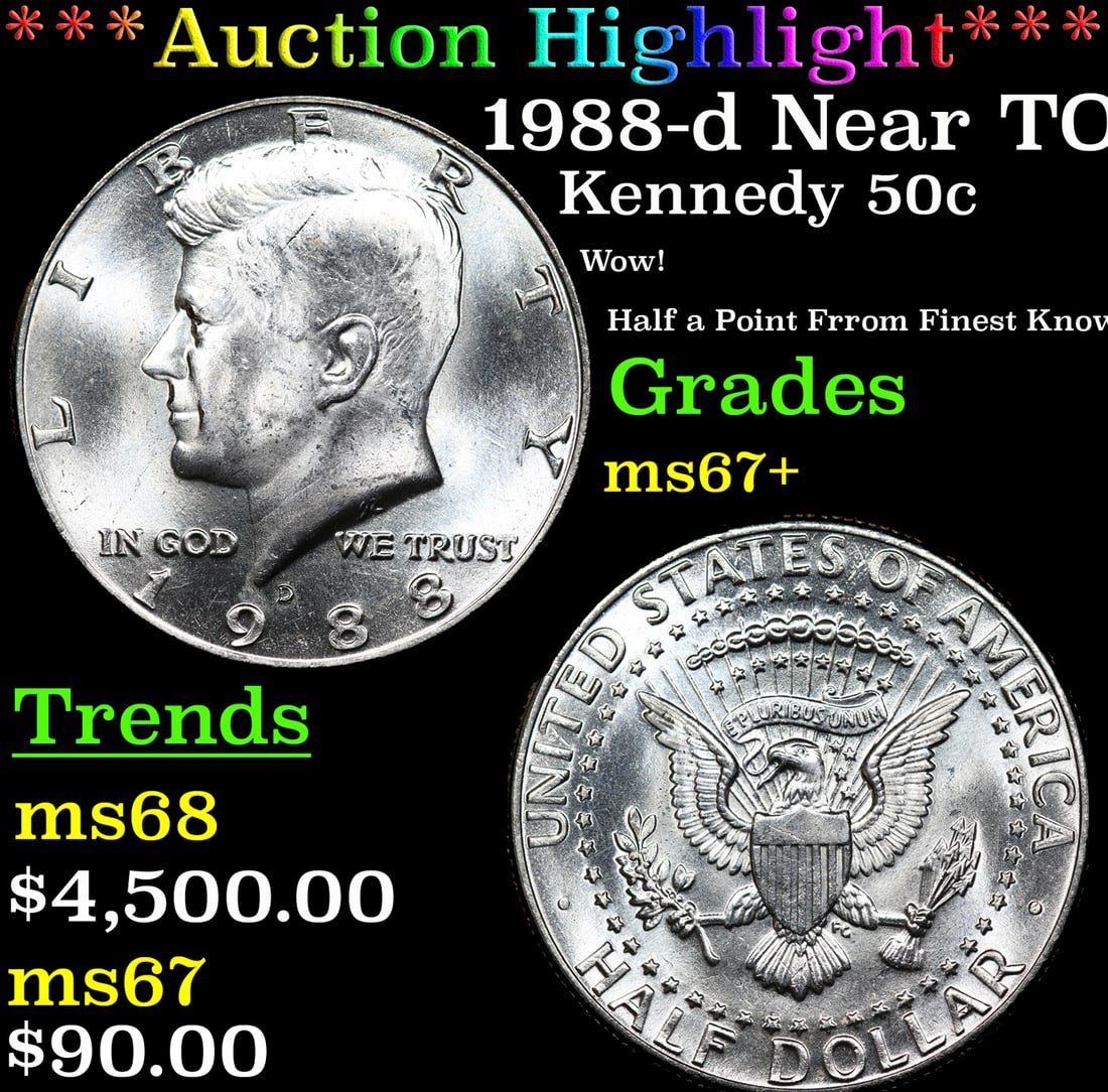 ***Auction Highlight*** 1988-d Kennedy Half Dollar Near TOP POP! 50c Graded ms67+ BY SEGS (fc) (1 of 3)