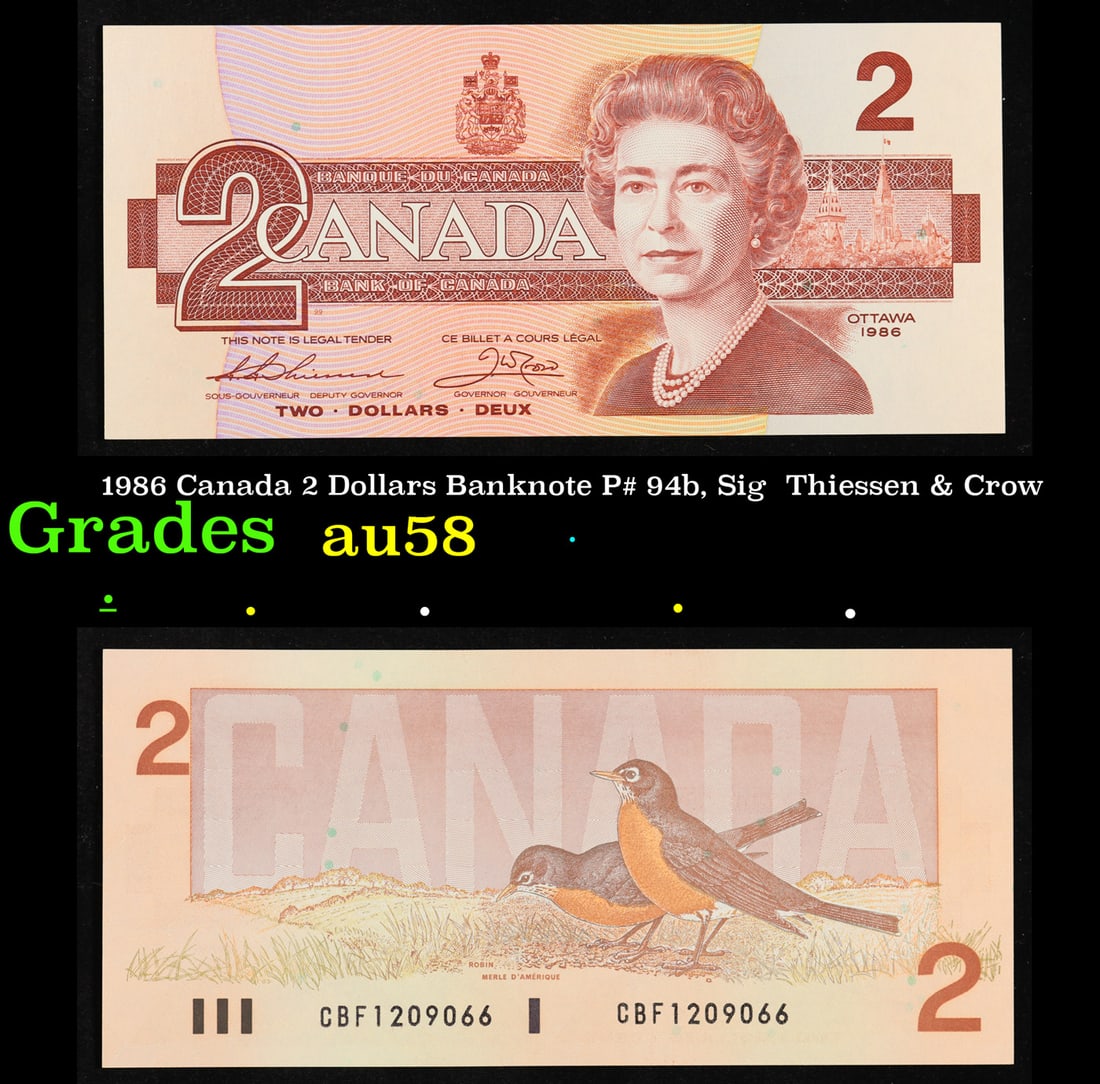 1986 Canada 2 Dollars Banknote P# 94b, Sig. Thiessen & Crow Grades Choice AU/BU Slider (1 of 3)