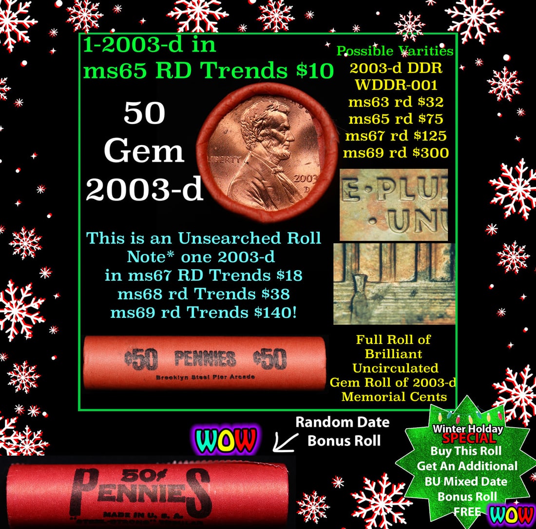 BU Shotgun Lincoln 1c roll, 2003-d 50 pcs Bank Wrapper 50c Winter Holiday SPECIAL WIN This Roll Get (1 of 2)