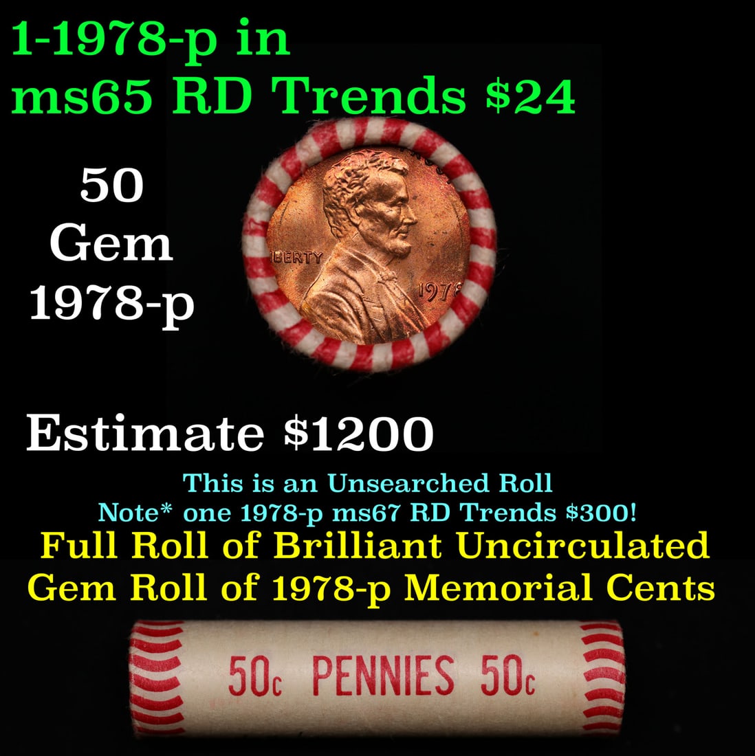 BU Shotgun Lincoln 1c roll, 1978-p 50 pcs Bank Wrapper 50c: BU Shotgun Lincoln 1c roll, 1978-p 50 pcs Bank Wrapper 50c. A terrific Shotgun roll of Lincoln cents in a Bank wrapper. Most if not all coins should be cherry red.