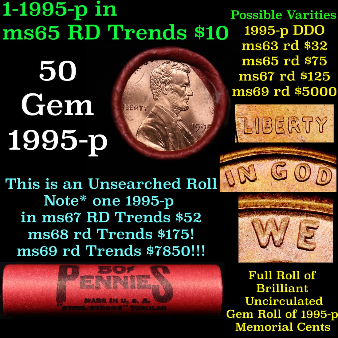 BU Shotgun Lincoln 1c roll, 1995-p 50 pcs Steel Strong Wrapper 50c (1 of 3)