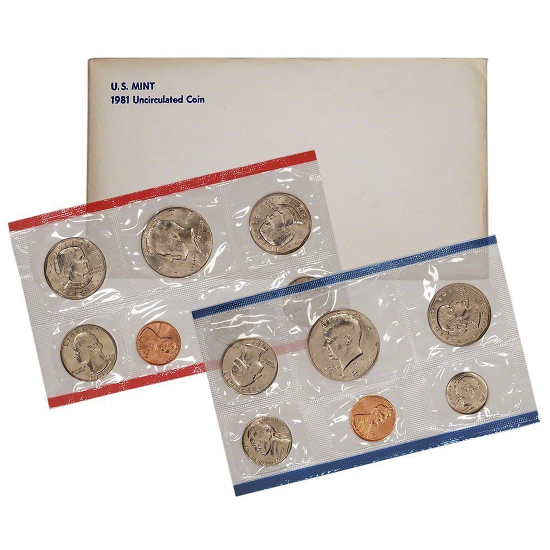 1981 United States Mint Set in the original packaging 6 coins: 1981 United States Mint Set in the original packaging 6 coins. The 1981 sets include a Susan B. Anthony dollar, Kennedy half, Washington quarter, Roosevelt dime, Jefferson nickel & Lincoln cent, 1 coi