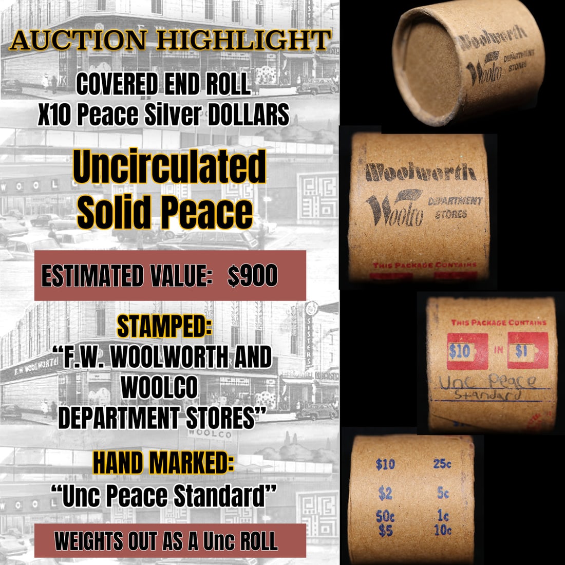 Covered end roll, weight and size indicate 10 uncirculated Silver dollars.  Wrapper marked "Unc (1 of 5)