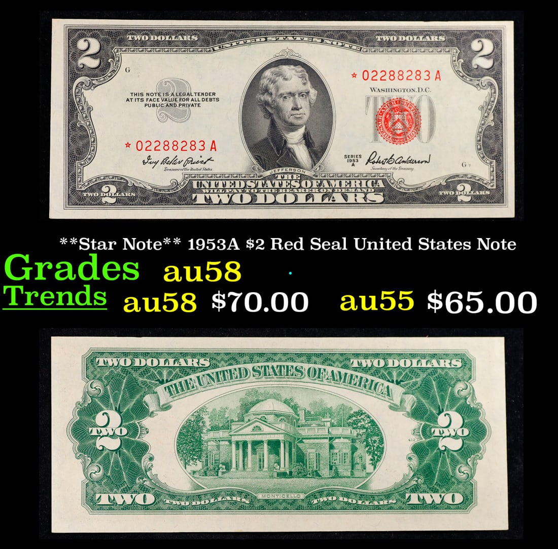 **Star Note** 1953A $2 Red Seal United States Note Grades Choice AU/BU Slider (1 of 3)