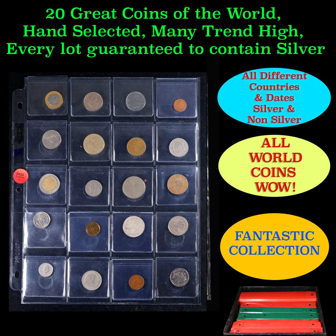 20 Great Coins of the World, hand selected, many trend high, every lot guaranteed to contain Silver.: 20 Great Coins of the World, hand selected, many trend high, every lot guaranteed to contain Silver.. We have received a huge collection of over 10 thousand US coins in flips, 2x2 holders, and 20 coin
