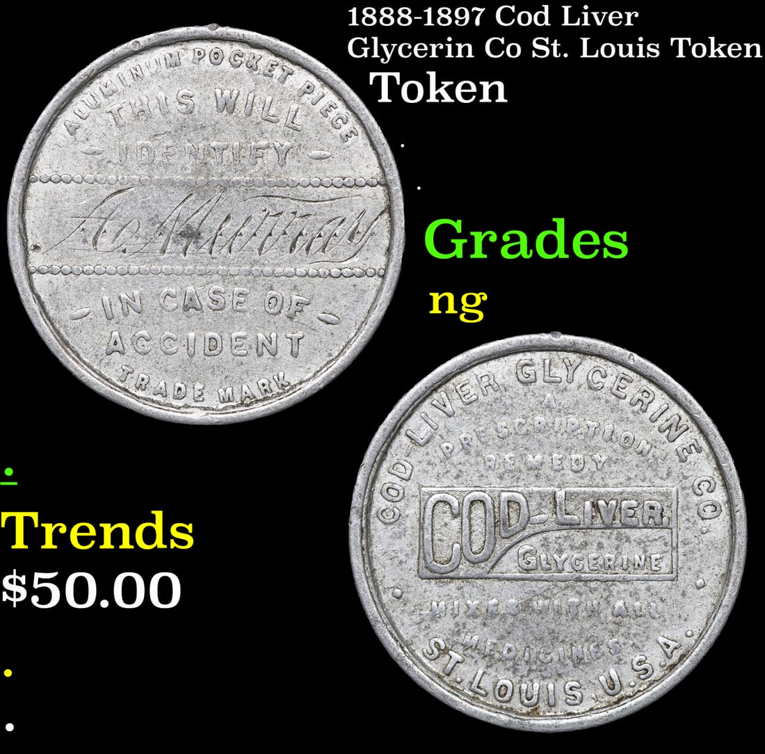 1888-1897 Cod Liver Glycerin Co St. Louis Token Grades: 1888-1897 Cod Liver Glycerin Co St. Louis Token Grades. The token was produced by the Cod-Liver Oil Glycerin Company of St. Louis, Missouri. The token advertised a new method of delivering cod liver a