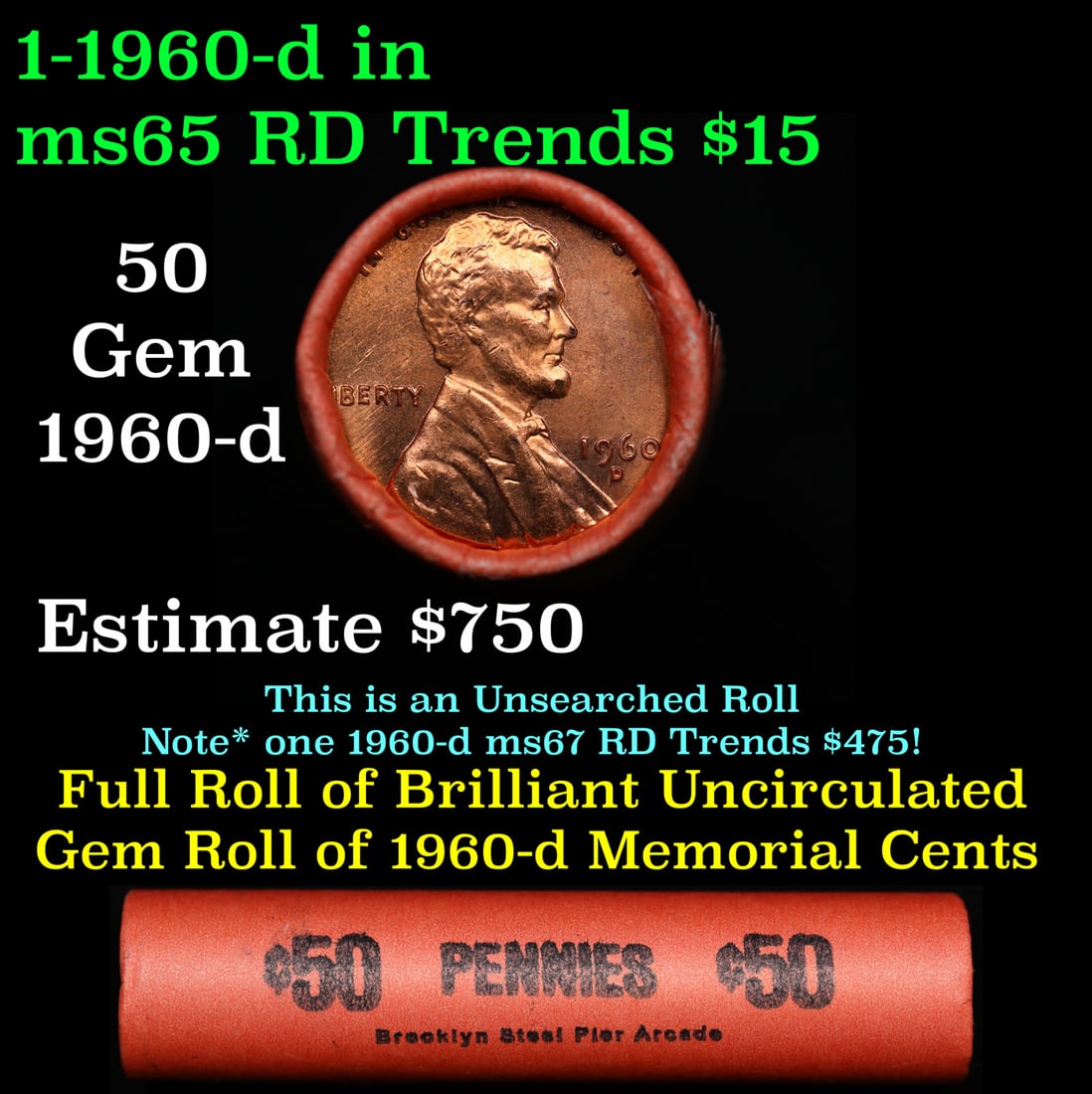 BU Shotgun Lincoln 1c roll, 1960-d 50 pcs Brooklyn Steel Pier Arcade Wrapper 50c: BU Shotgun Lincoln 1c roll, 1960-d 50 pcs Brooklyn Steel Pier Arcade Wrapper 50c. A terrific Shotgun roll of Lincoln cents in a paper shotgun style roll. Most if not all coins should be cherry red.