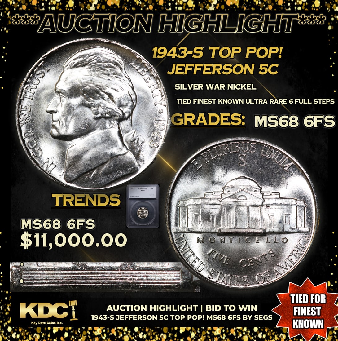 ***Auction Highlight*** 1943-s Jefferson Nickel TOP POP! 5c Graded ms68 6fs BY SEGS (fc) (1 of 6)
