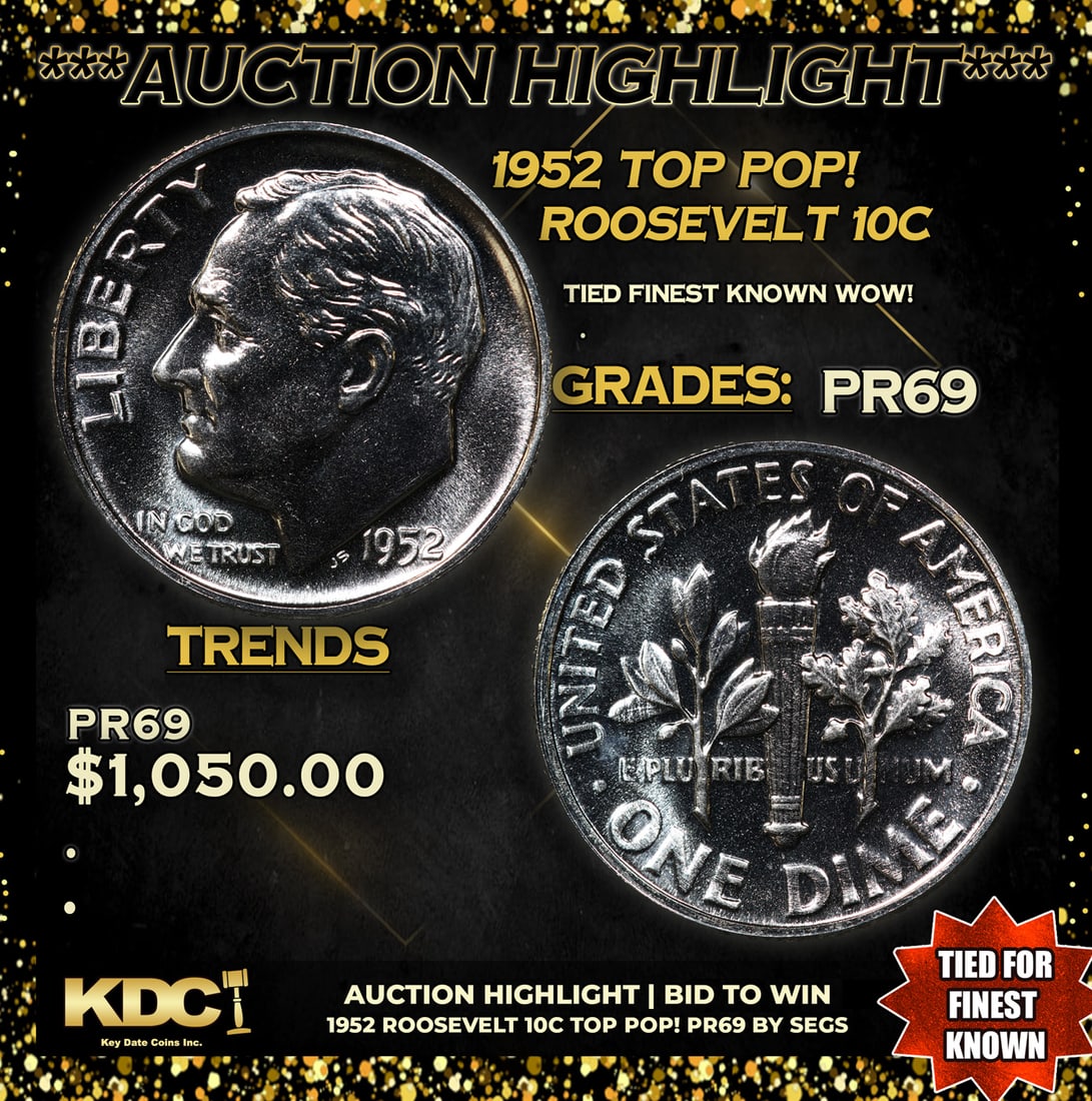 Proof ***Auction Highlight*** 1952 Roosevelt Dime TOP POP! 10c Graded pr69 BY SEGS (fc) (1 of 5)