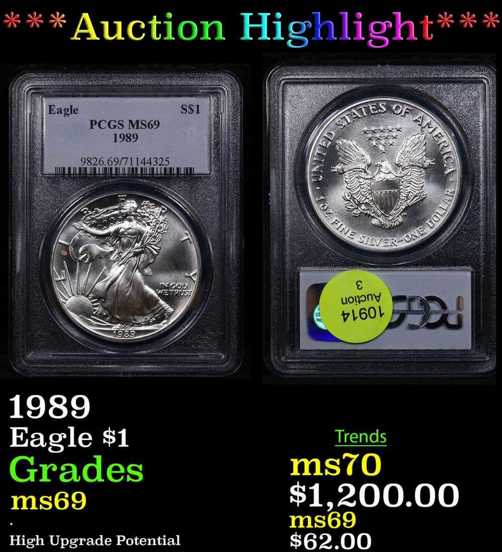 ***Auction Highlight*** PCGS 1989 Silver Eagle Dollar $1 Graded ms69 By PCGS (fc) (1 of 3)