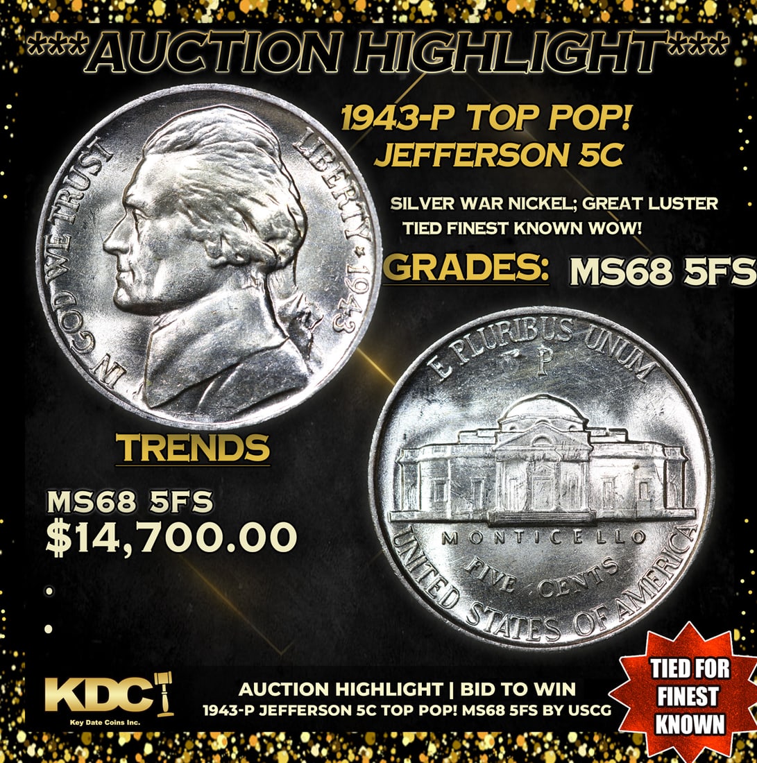 ***Auction Highlight*** 1943-p Jefferson Nickel TOP POP! 5c Graded GEM++ 5fs By USCG (fc) (1 of 5)