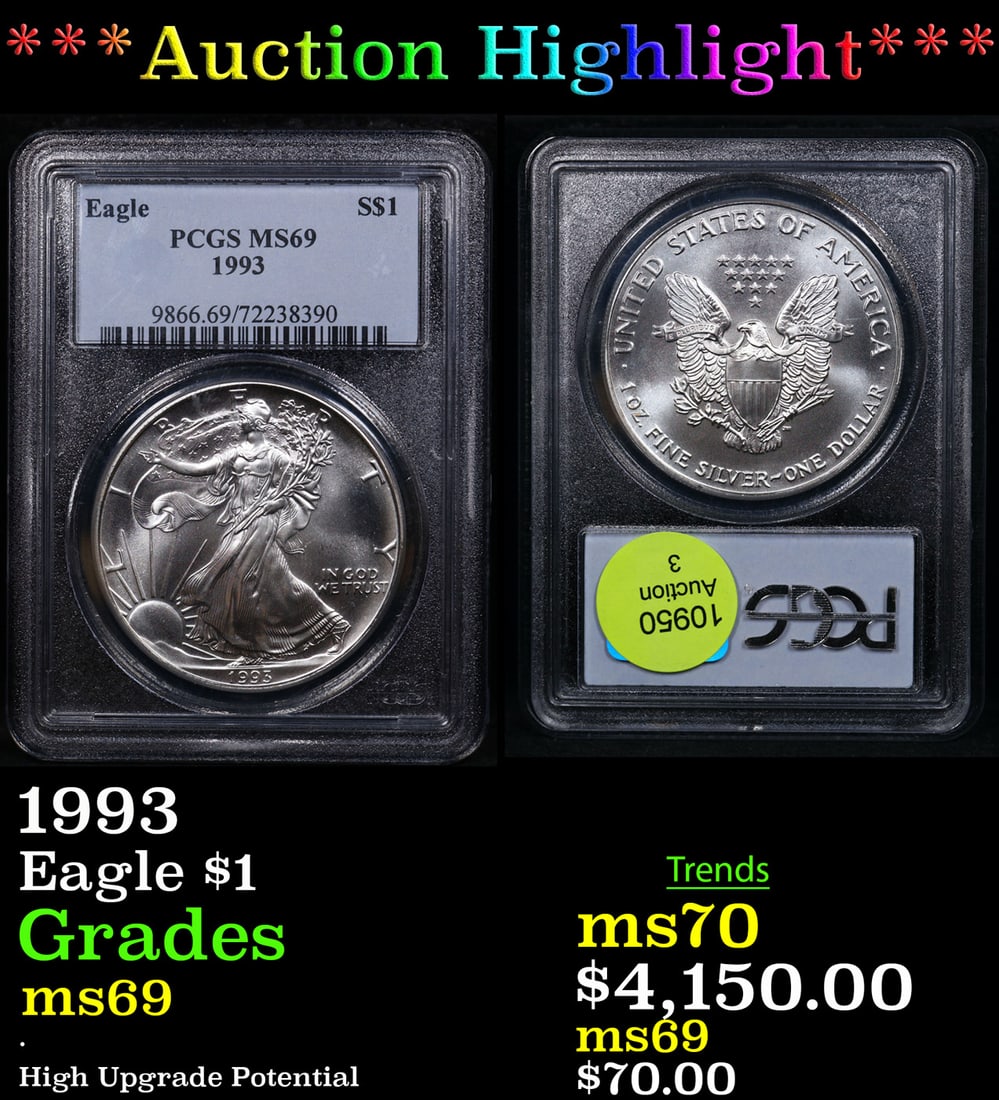 ***Auction Highlight*** PCGS 1993 Silver Eagle Dollar $1 Graded ms69 By PCGS (fc) (1 of 3)