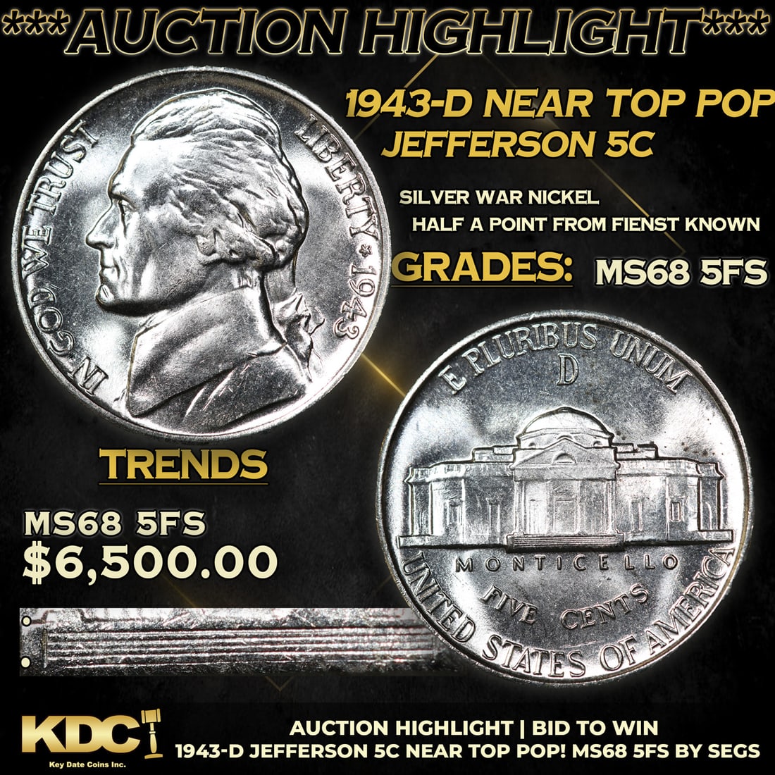 ***Auction Highlight*** 1943-d Jefferson Nickel Near TOP POP! 5c Graded ms68 5fs BY SEGS (fc) (1 of 6)